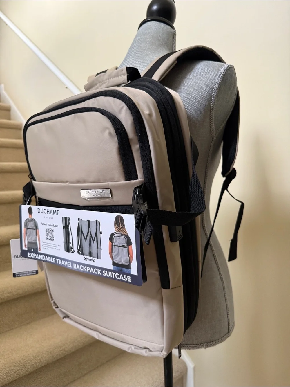 Duchamp Beige Expandable Travel Backpack/ Suitcase with laptop pocket and USB.